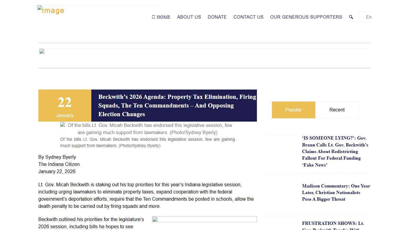 Beckwith’s 2026 agenda: Property tax elimination, firing squads, the Ten Commandments – and opposing election changes - THE INDIANA CITIZEN